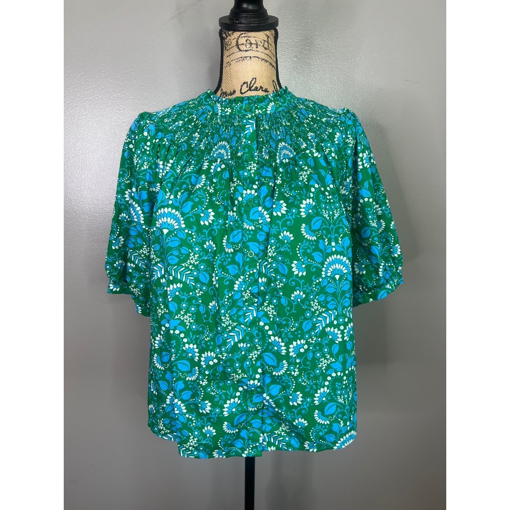 Sugarlips Womens XL Green Blue Floral Smocked Blouse cottage core boho - Picture 9 of 10